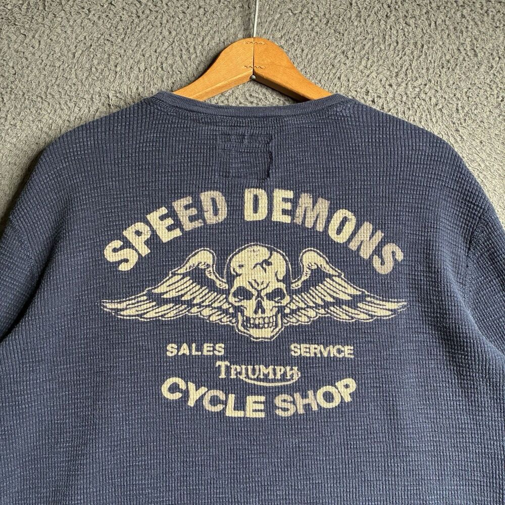 Triumph Cycle Shop Speed Demons Winged Skull Waffle Knit Long Sleeve Shirt Blue